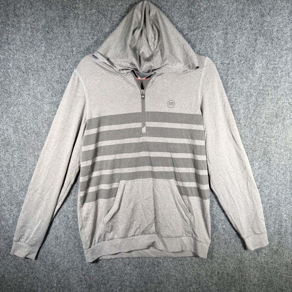 TravisMathew Quarter Zip Hoodie Mens Medium Grey Striped Lightweight Active